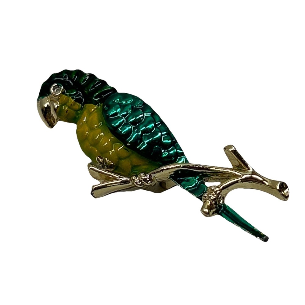 Vintage Green Parrot Bird Brooch Pin Gold Tone Green Enamel‎ Rhinestones